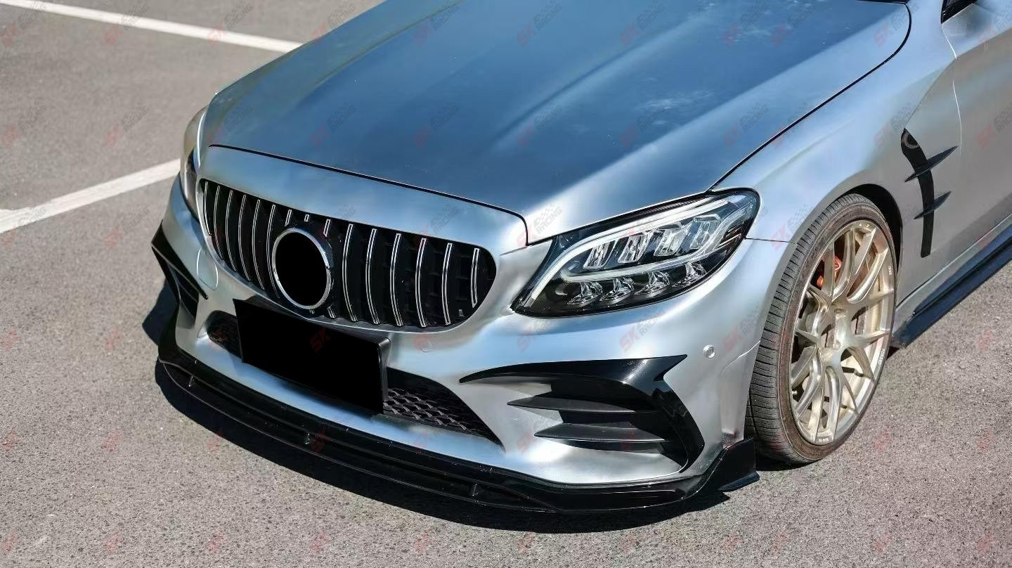Mercedes-Benz C-Class W205 C200 C300 Glossy Black Front Bumper Lip & Side Skirts Kit 2019+ view 4
