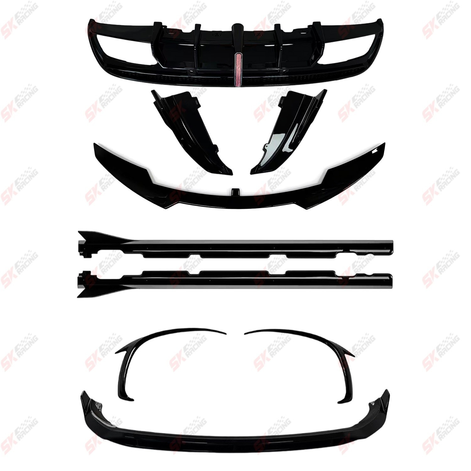 Mercedes-Benz C-Class W205 C200 C300 Glossy Black Front Bumper Lip & Side Skirts Kit 2019+ view 2